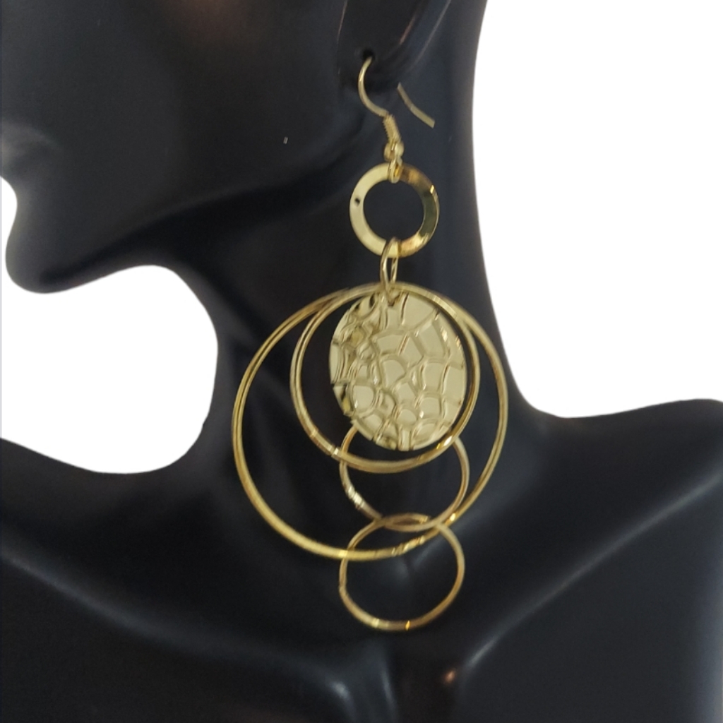 E1062 Goldtone Dangle Disc & Ring Statement Earrings